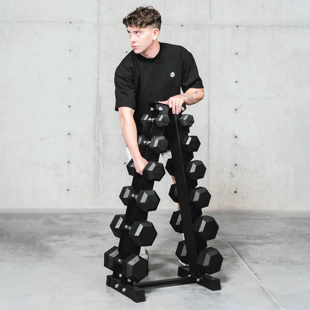 Level Fitness Dumbbells Set 2.5 to 15 Kg with 6 pair Vertical Dumbbell Rack Strength Training Equipment with Adjustable Bench for Bench Press (Optional) | Combo