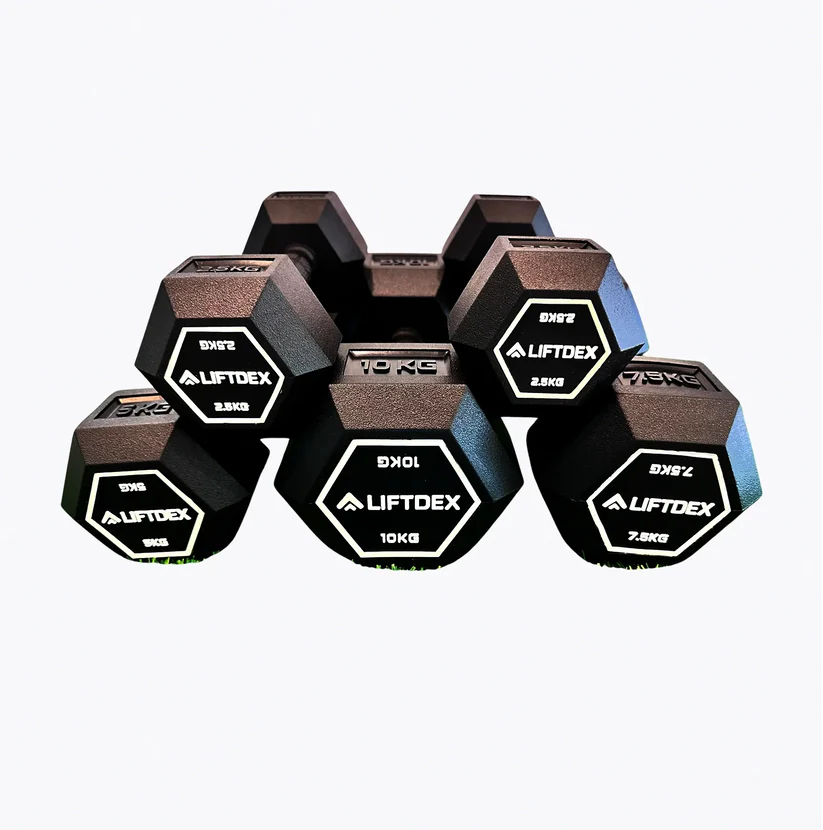 Liftdex Rubber Coated Dumbbell Set (2.5kg–20kg) with Level Fitness 3 Tier Dumbbell Rack