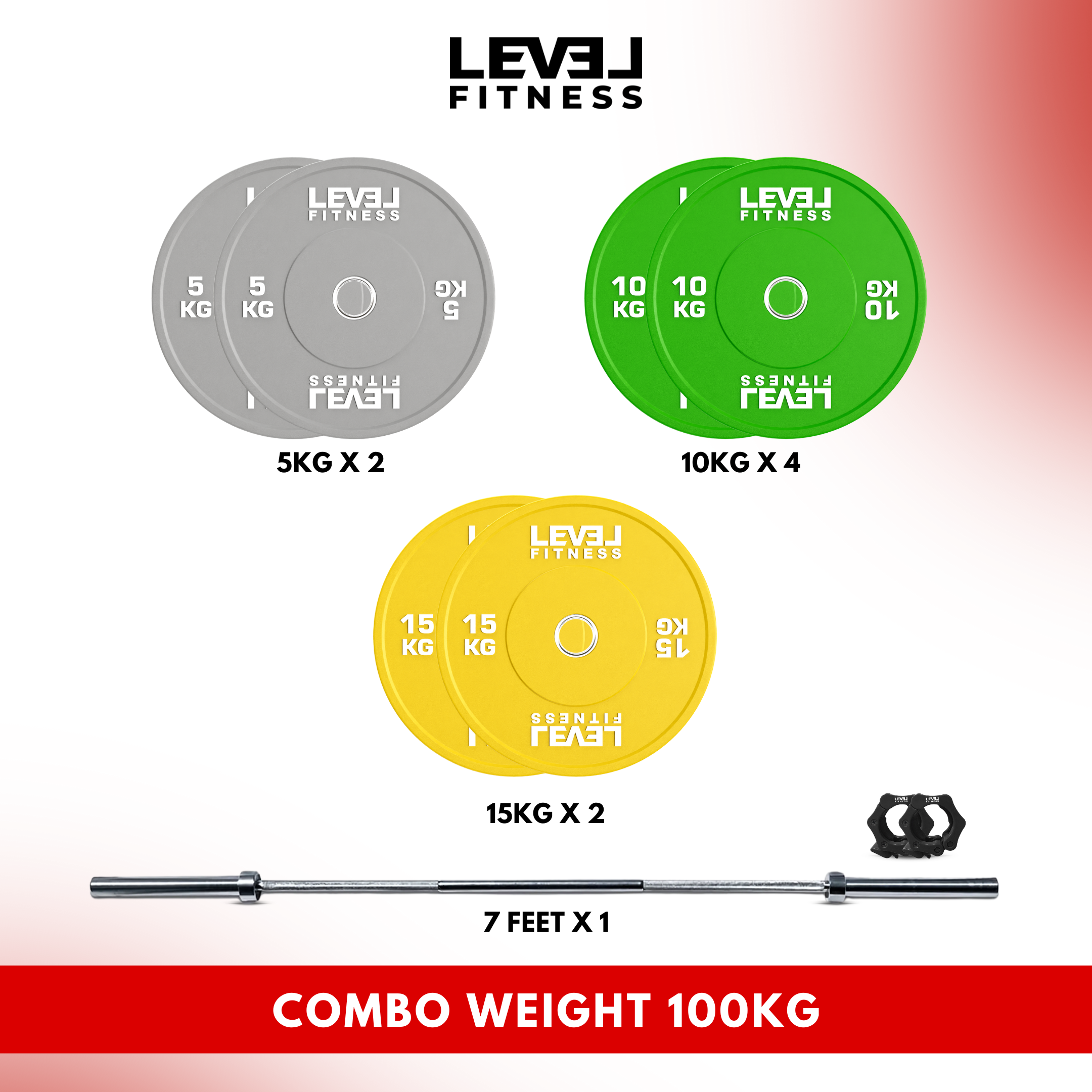 Combo | Level Fitness 7 ft Olympic Barbell with Color Olympic Plates Set | 100 Kg Set
