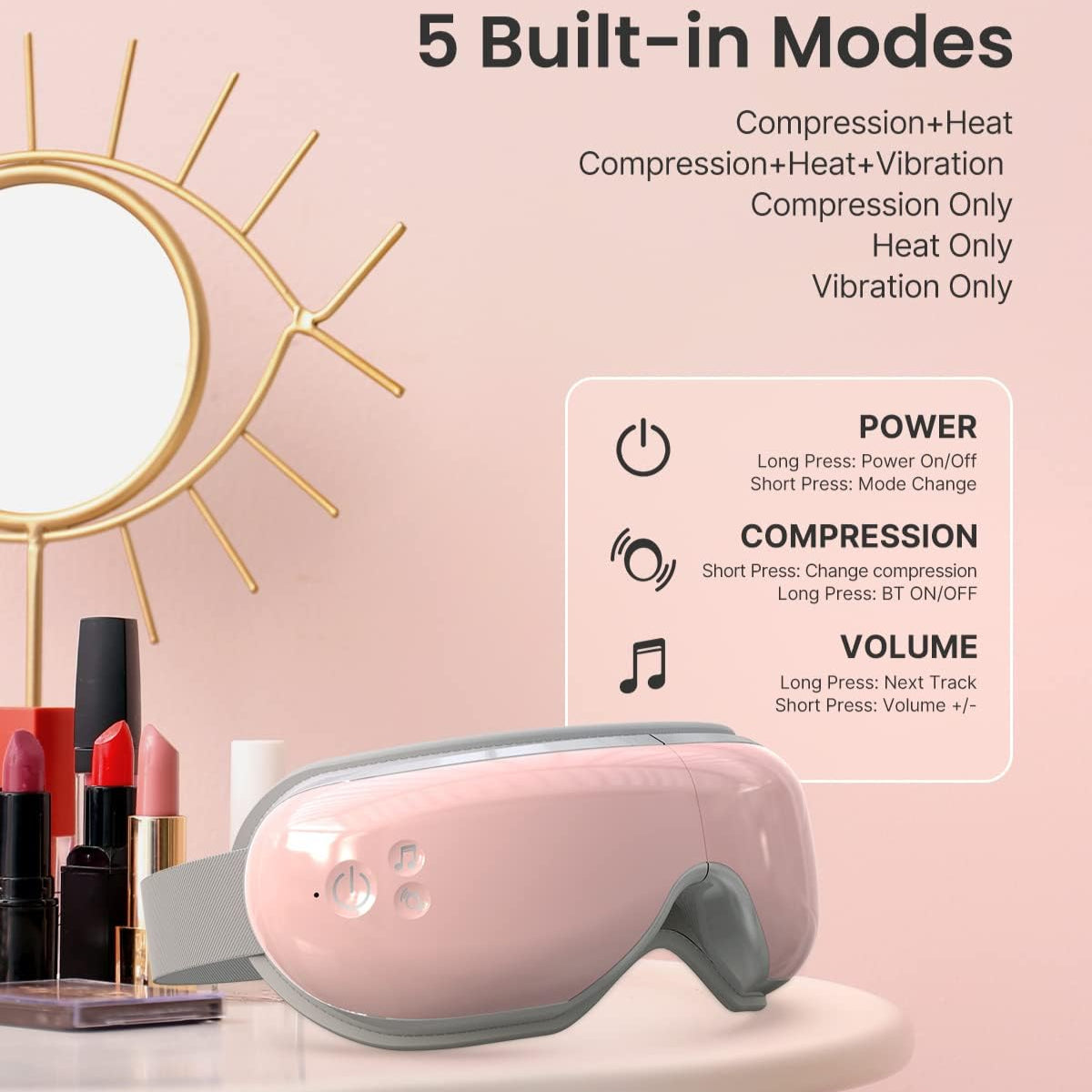 Renpho Eye Massager with Heat & Bluetooth Music, Rechargeable Eye Care Machine with 5 Modes, Black