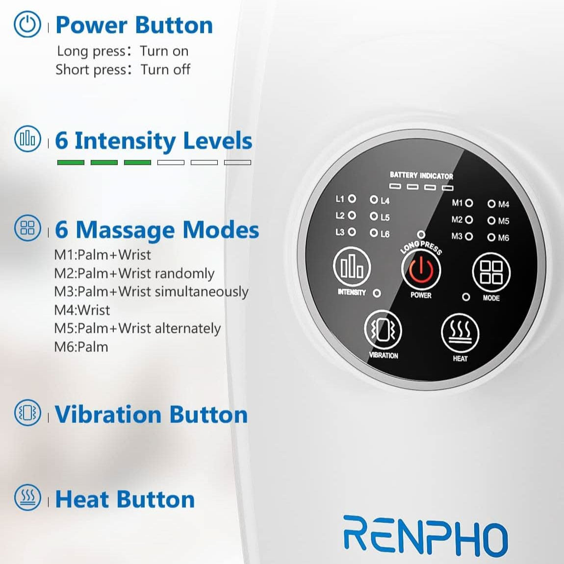 RENPHO Cordless Hand Massager Machine with 6 Levels of Massage and Intensity Compression for Palm Wrist Finger Numbness Fatigue Soreness Relief