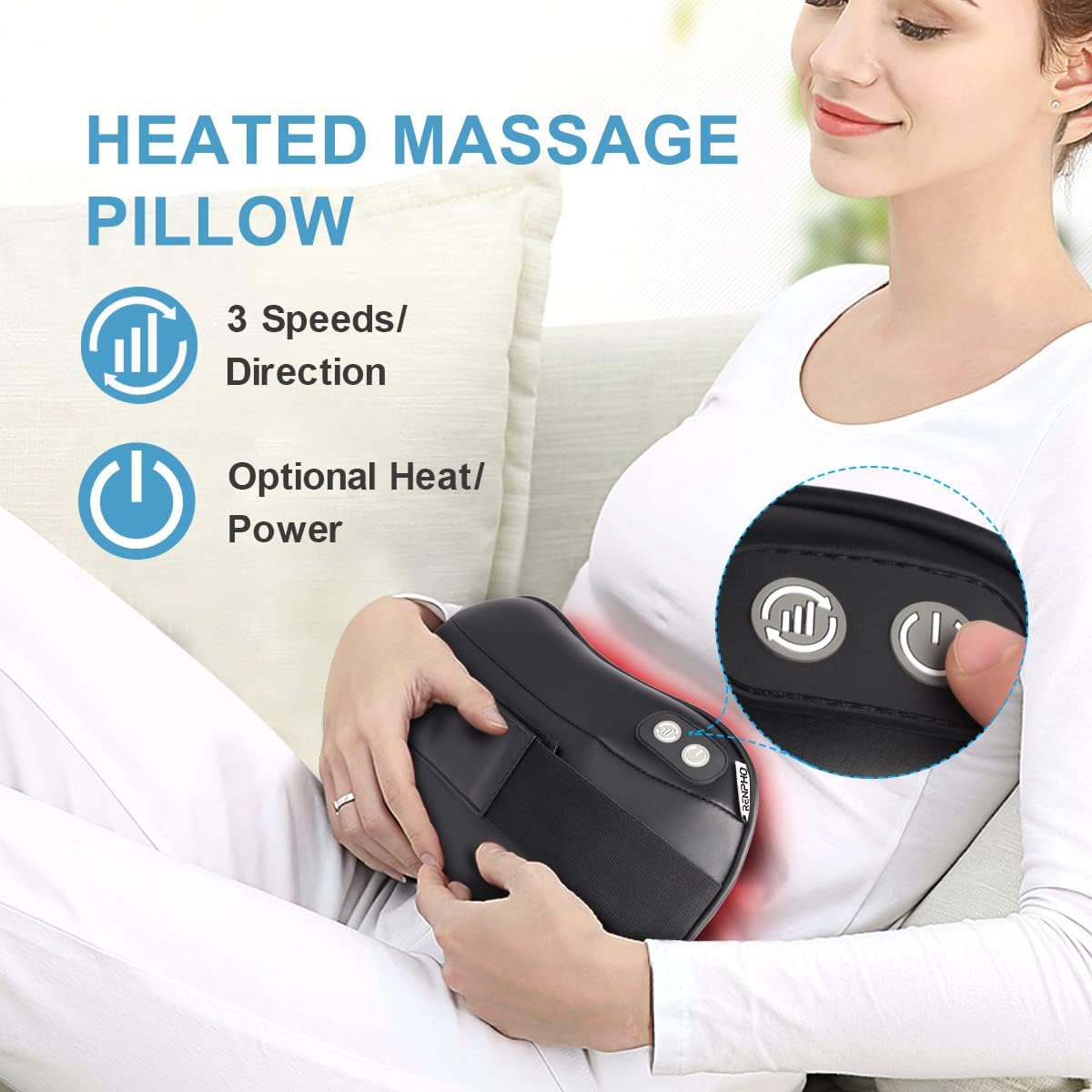 RENPHO Shiatsu Lower Back Neck Massage Pillow with Heat, 3-Speeds with Net Cover