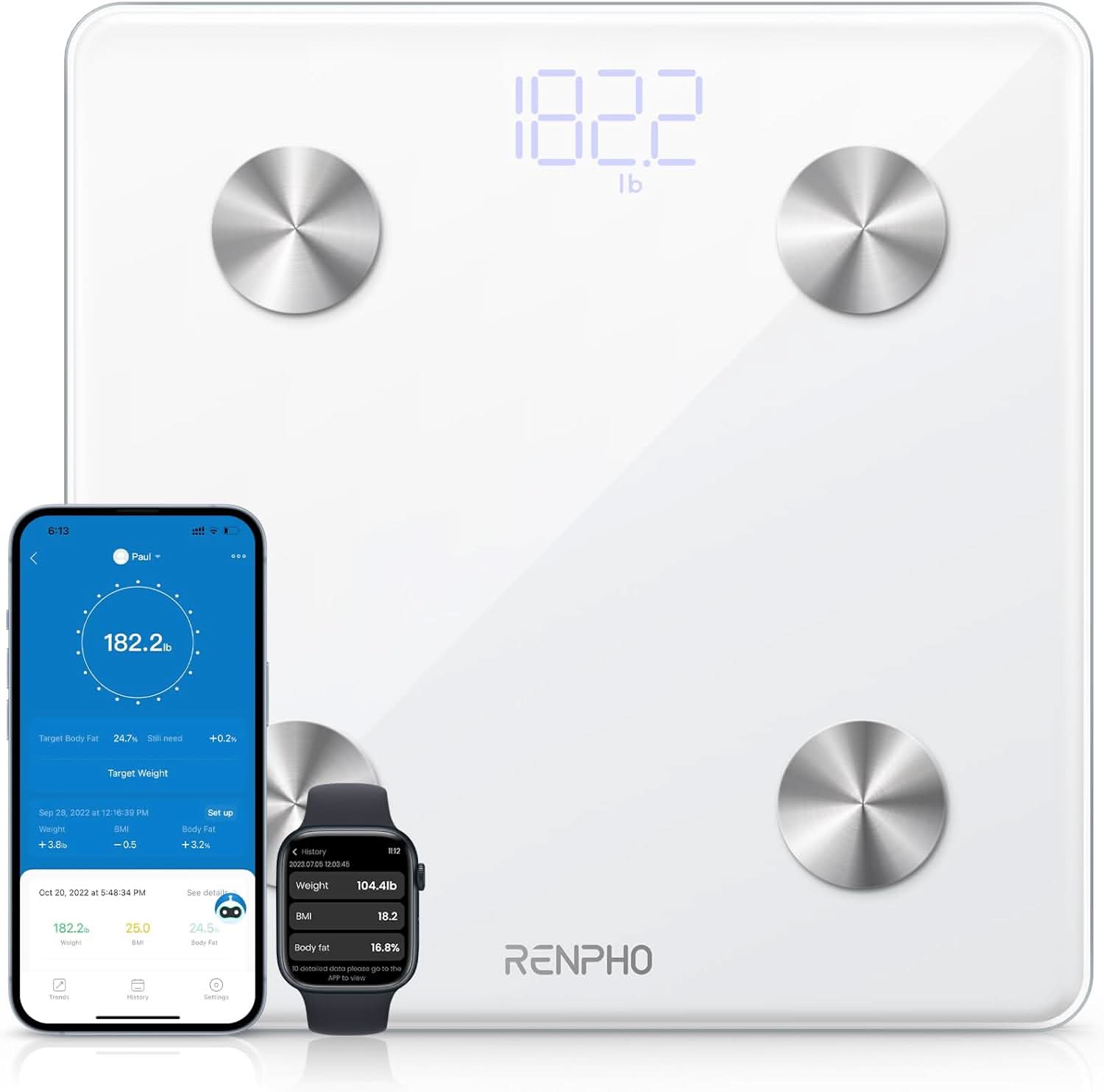 Renpho Smart Scale for Body Weight Health Analyzer With Smart App 4 high sensitive electrodes 13 Body Composition White
