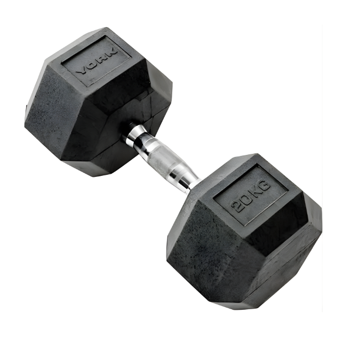York, Commercial Rubber Hex Dumbbell, 35005, Black 20 Kg