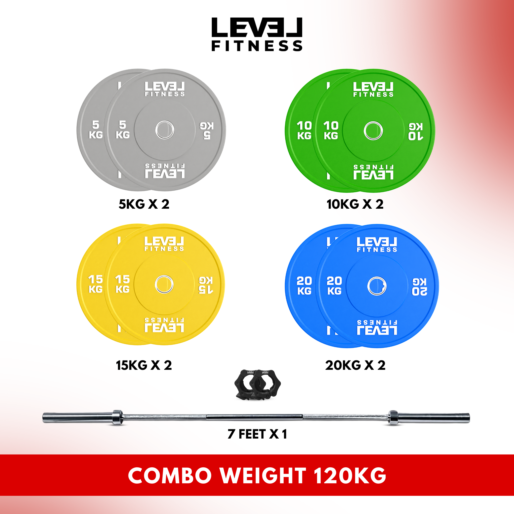 Combo | Level Fitness 7 ft Olympic Barbell with Color Olympic Plates Set | 120 kg Set