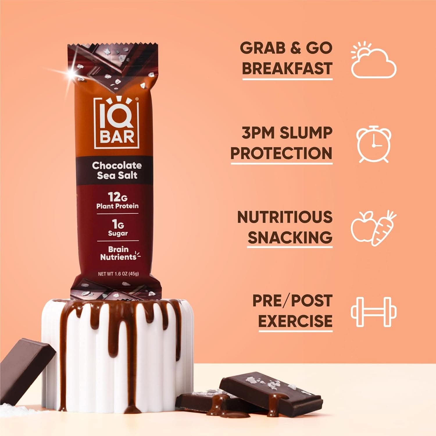IQBAR Brain and Body Keto Protein Bars - Chocolate Sea Salt Keto Bars - 12-Count Energy Bars - Low Carb Protein Bars - High Fiber Vegan Bars and Low Sugar Meal Replacement Bars - Vegan Snacks