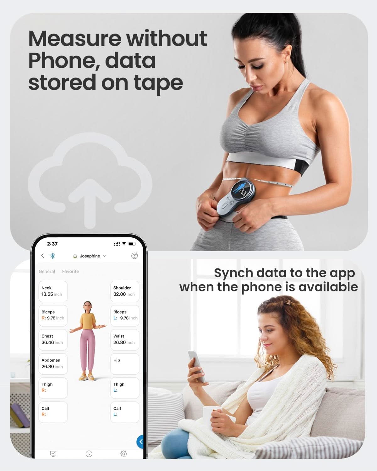 RENPHO Upgraded Body Measure Tape - Enhanced Tool for Monitoring Weight Loss, Muscle Gain, and Fitness Progress, Digital Smart Retractable Tape Measures in Both Inches and Centimeters with Precision