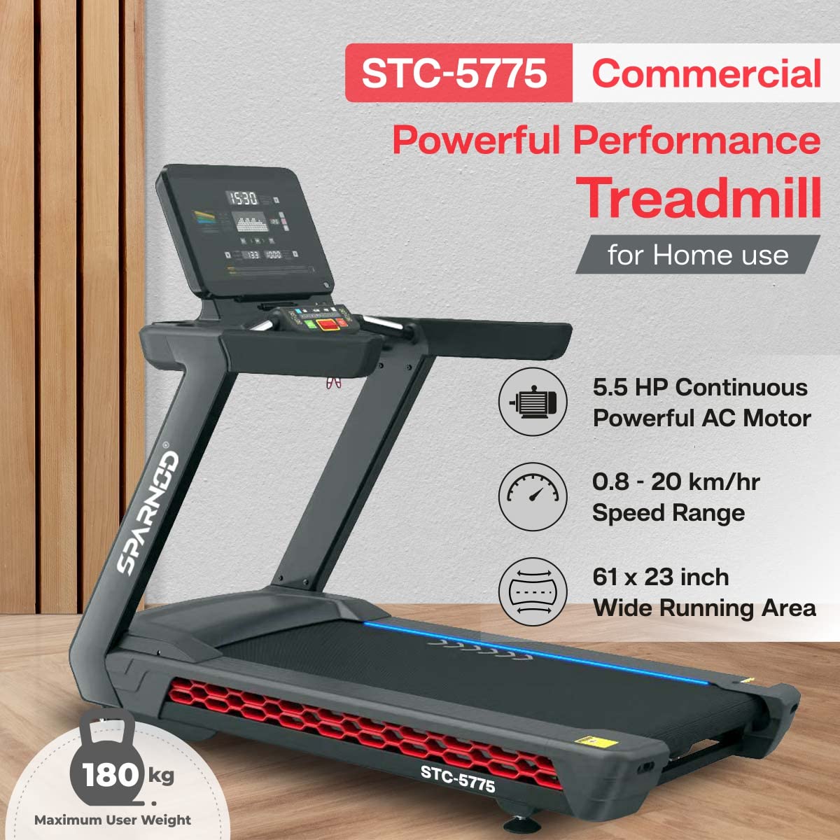 Sparnod Fitness STC-5775 (5.5 HP Ac Motor) Automatic Motorized Walking and Running Treadmill for Commercial and Home Use