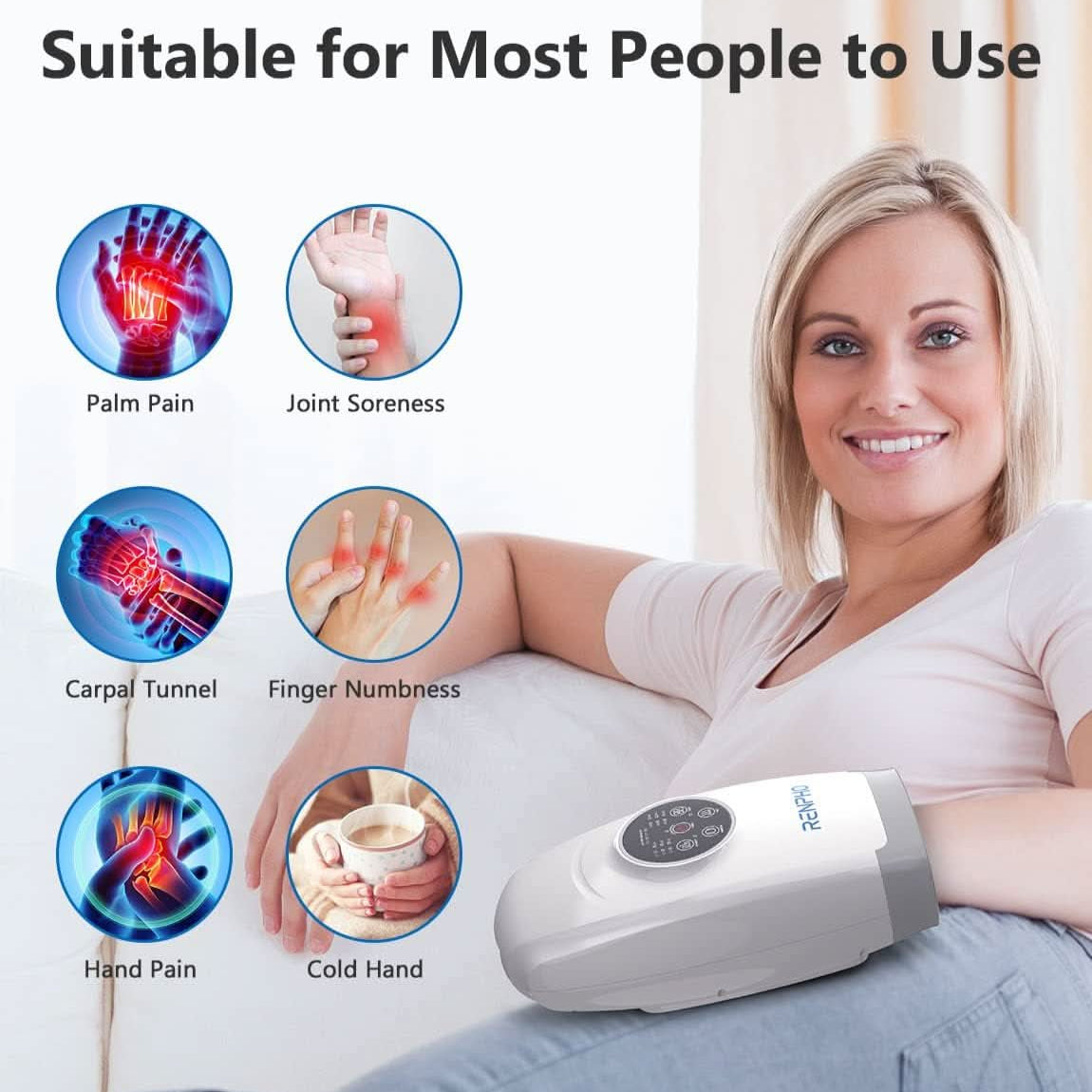 RENPHO Cordless Hand Massager Machine with 6 Levels of Massage and Intensity Compression for Palm Wrist Finger Numbness Fatigue Soreness Relief