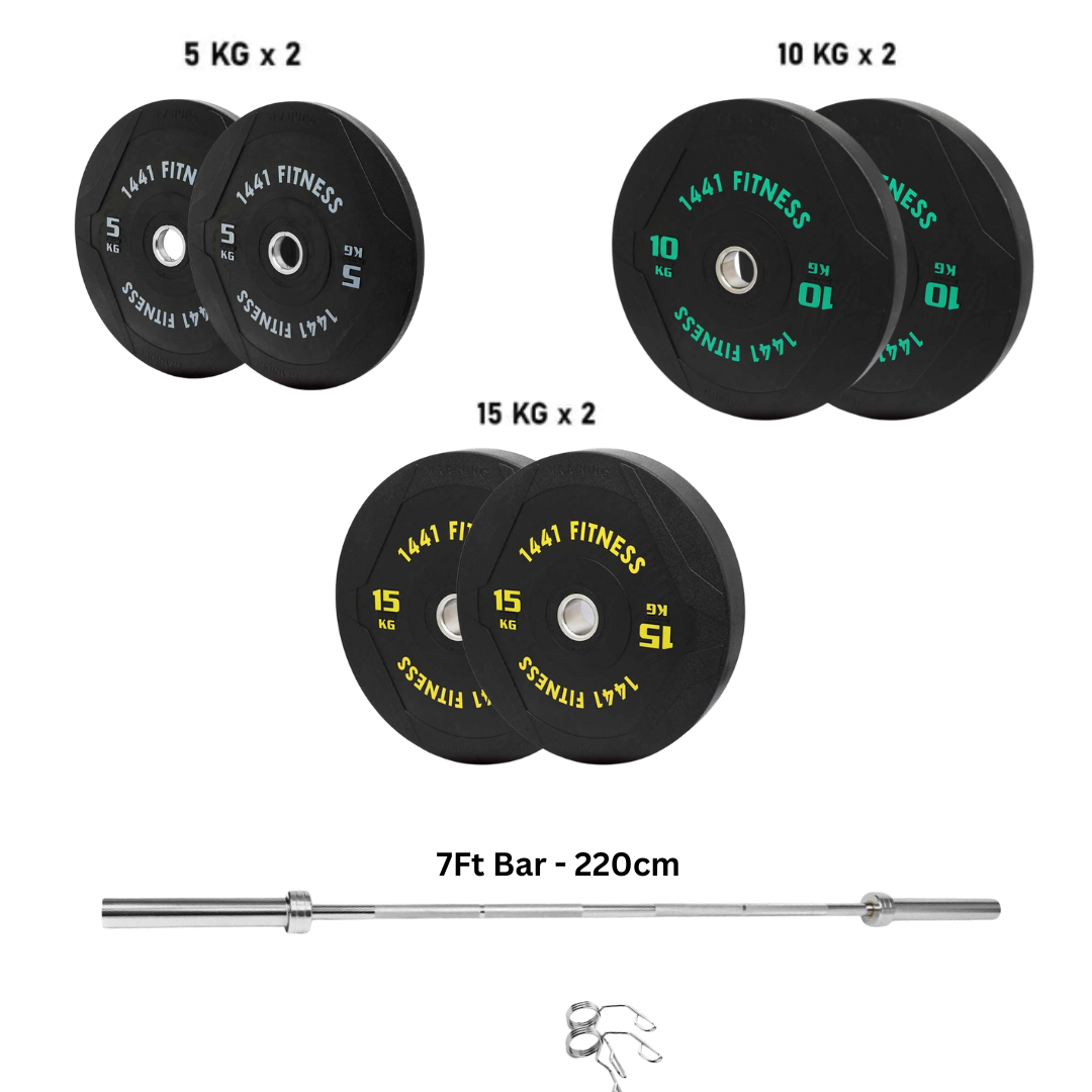 Combo 7 Ft Olympic Bar with Black PU Bumper Plates - 80 KG Set | 1441 Fitness