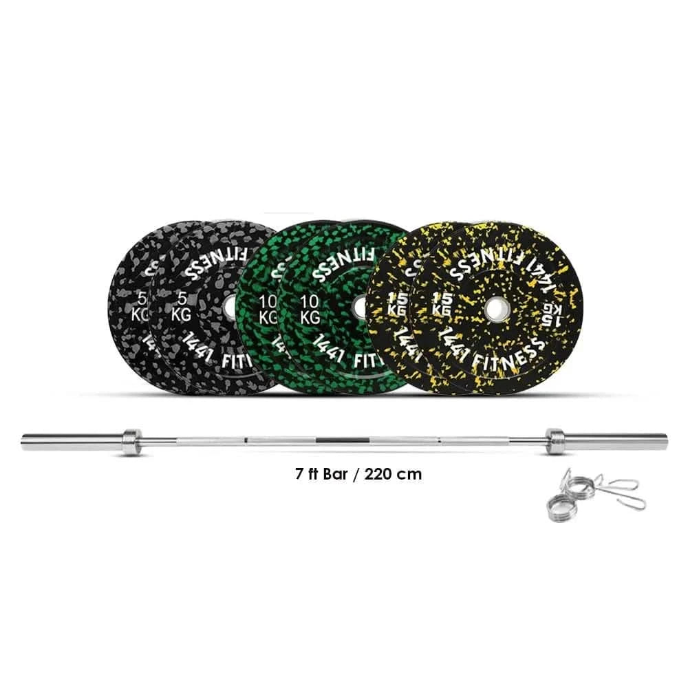 Combo 7 Ft Olympic Bar with Camouflage Bumper Plates - 80 KG Set | 1441 Fitness