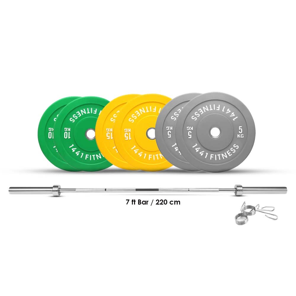 Combo 7 Ft Olympic Bar with Color Bumper Plates - 80 KG Set | 1441 Fitness