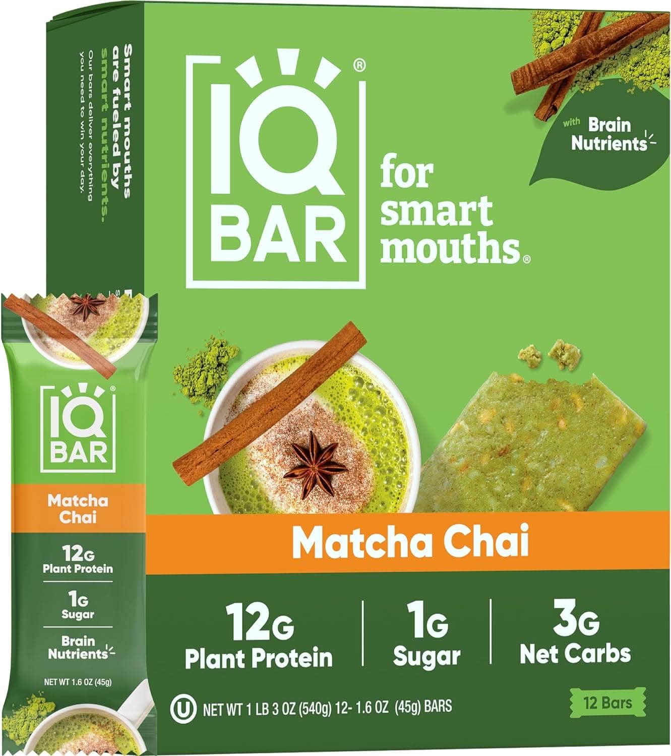 IQBAR Brain and Body Keto Protein Bars - Matcha Chai Keto Bars - 12-Count Energy Bars - Low Carb Protein Bars - High Fiber Vegan Bars and Low Sugar Meal Replacement Bars - Vegan Snack