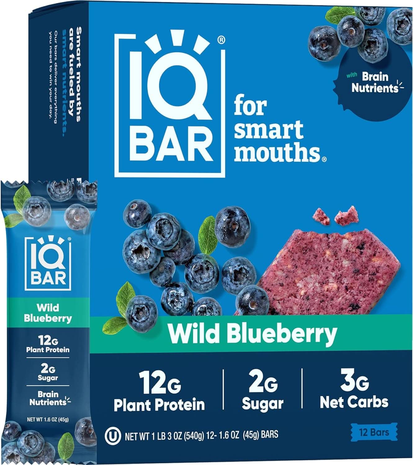 IQ BAR Brain + Body Bars, Wild Blueberry | Keto, Paleo-Friendly, Vegan | 11g Protein, 1g Sugar, 4g Net Carbs | Non-GMO, Gluten-Free, No Sugar Alcohols | 12-Count