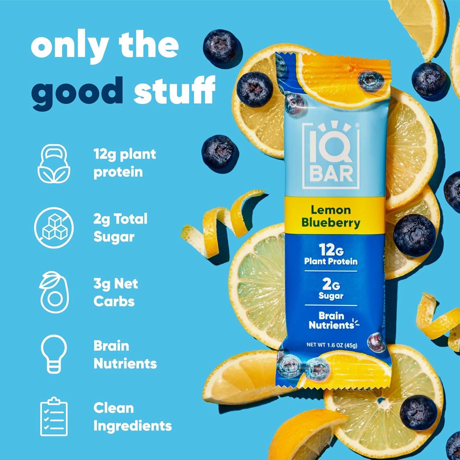 IQBAR Brain and Body Keto Protein Bars - Lemon Blueberry Keto Bars - 12-Count Energy Bars - Low Carb Protein Bars - High Fiber Vegan Bars and Low Sugar Meal Replacement Bars - Vegan Snacks