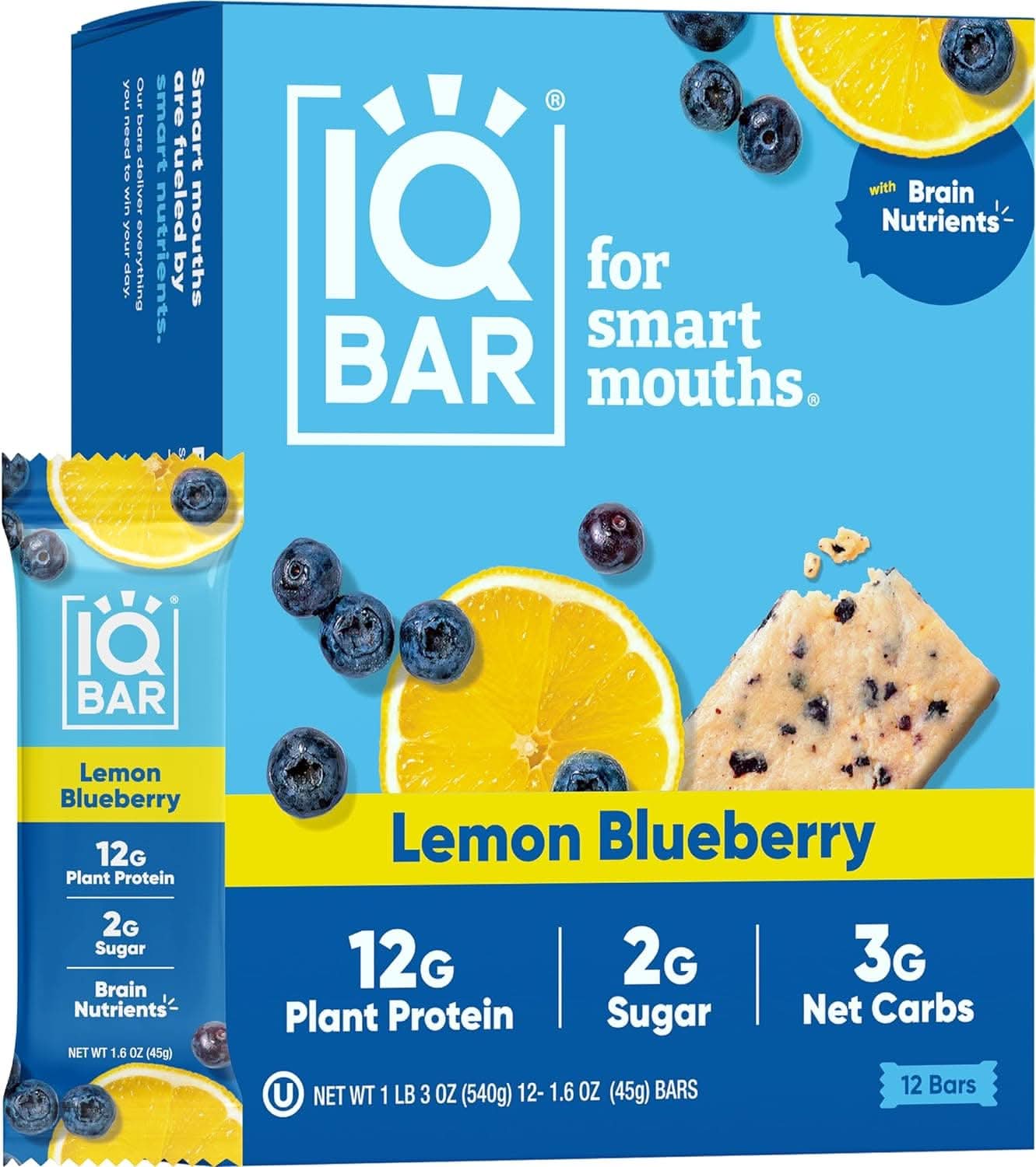 IQBAR Brain and Body Keto Protein Bars - Lemon Blueberry Keto Bars - 12-Count Energy Bars - Low Carb Protein Bars - High Fiber Vegan Bars and Low Sugar Meal Replacement Bars - Vegan Snacks
