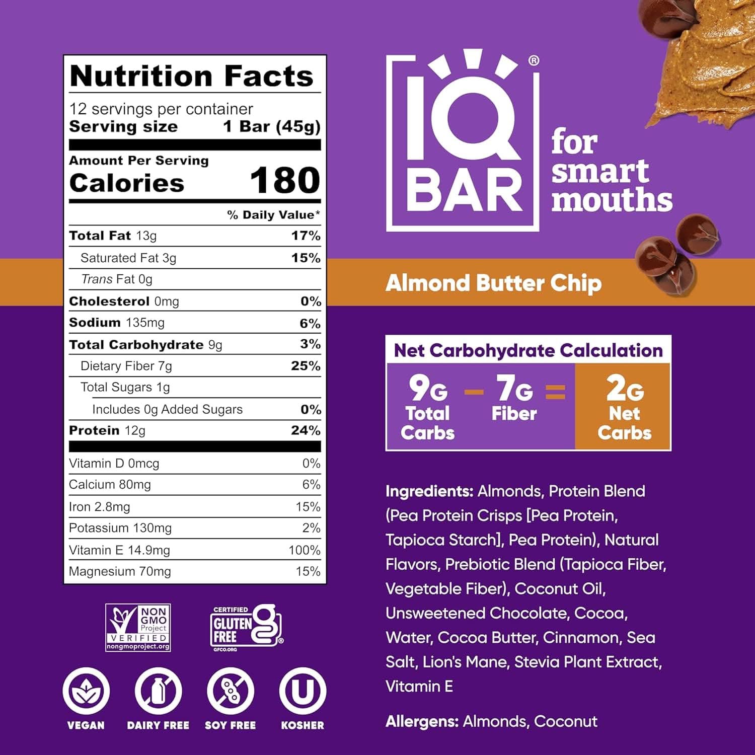 IQBAR Brain and Body Keto Protein Bars - Almond Butter Chip Keto Bars - 12-Count Energy Bars - Low Carb Protein Bars - High Fiber Vegan Bars and Low Sugar Meal Replacement Bars - Vegan Snacks