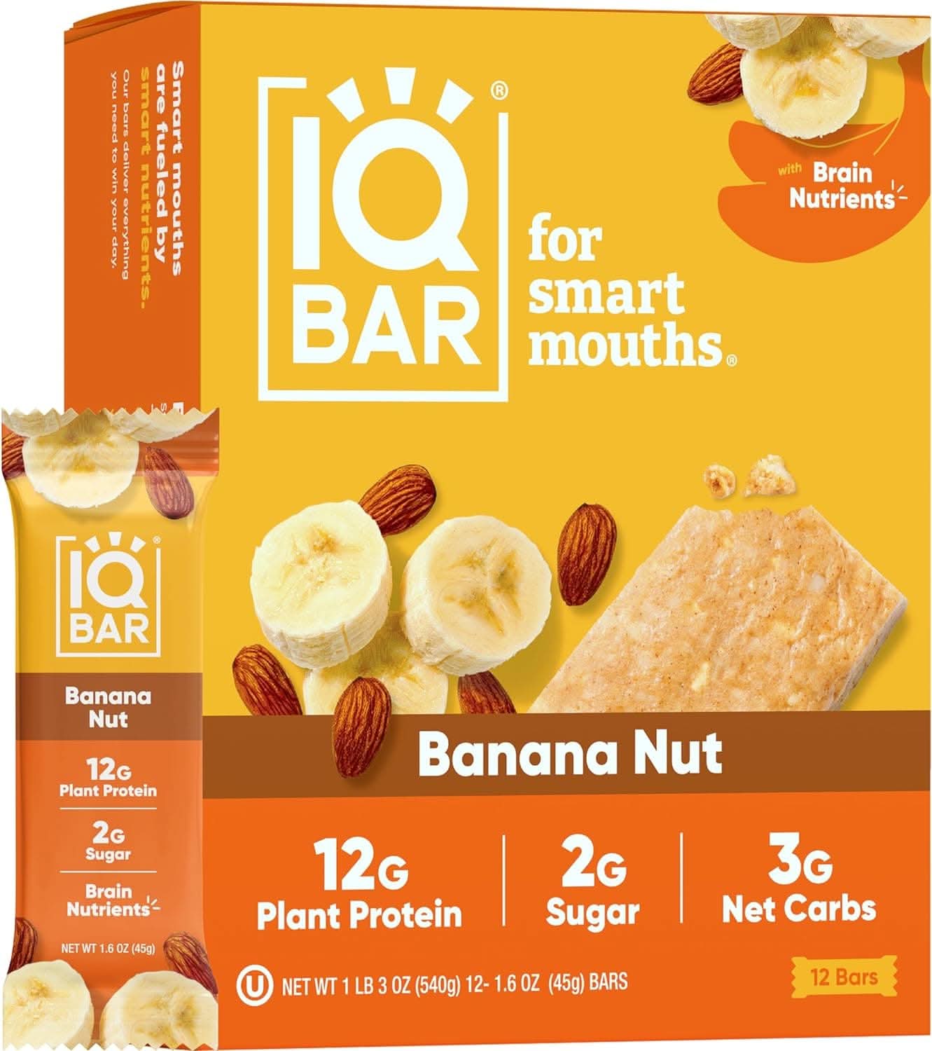 IQBAR Brain and Body Keto Protein Bars - Banana Nut Keto Bars - 12-Count Energy Bars - Low Carb Protein Bars - High Fiber Vegan Bars and Low Sugar Meal Replacement Bars - Vegan Snacks