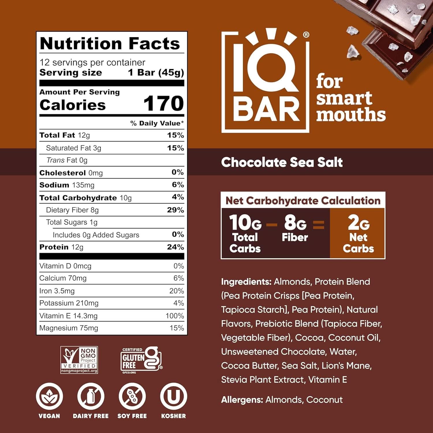 IQBAR Brain and Body Keto Protein Bars - Chocolate Sea Salt Keto Bars - 12-Count Energy Bars - Low Carb Protein Bars - High Fiber Vegan Bars and Low Sugar Meal Replacement Bars - Vegan Snacks