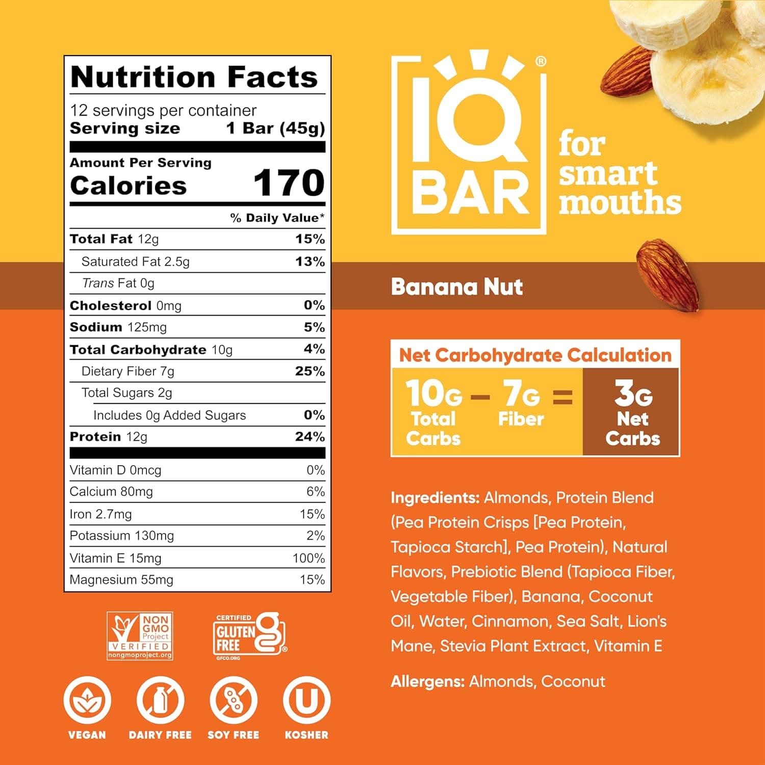 IQBAR Brain and Body Keto Protein Bars - Banana Nut Keto Bars - 12-Count Energy Bars - Low Carb Protein Bars - High Fiber Vegan Bars and Low Sugar Meal Replacement Bars - Vegan Snacks