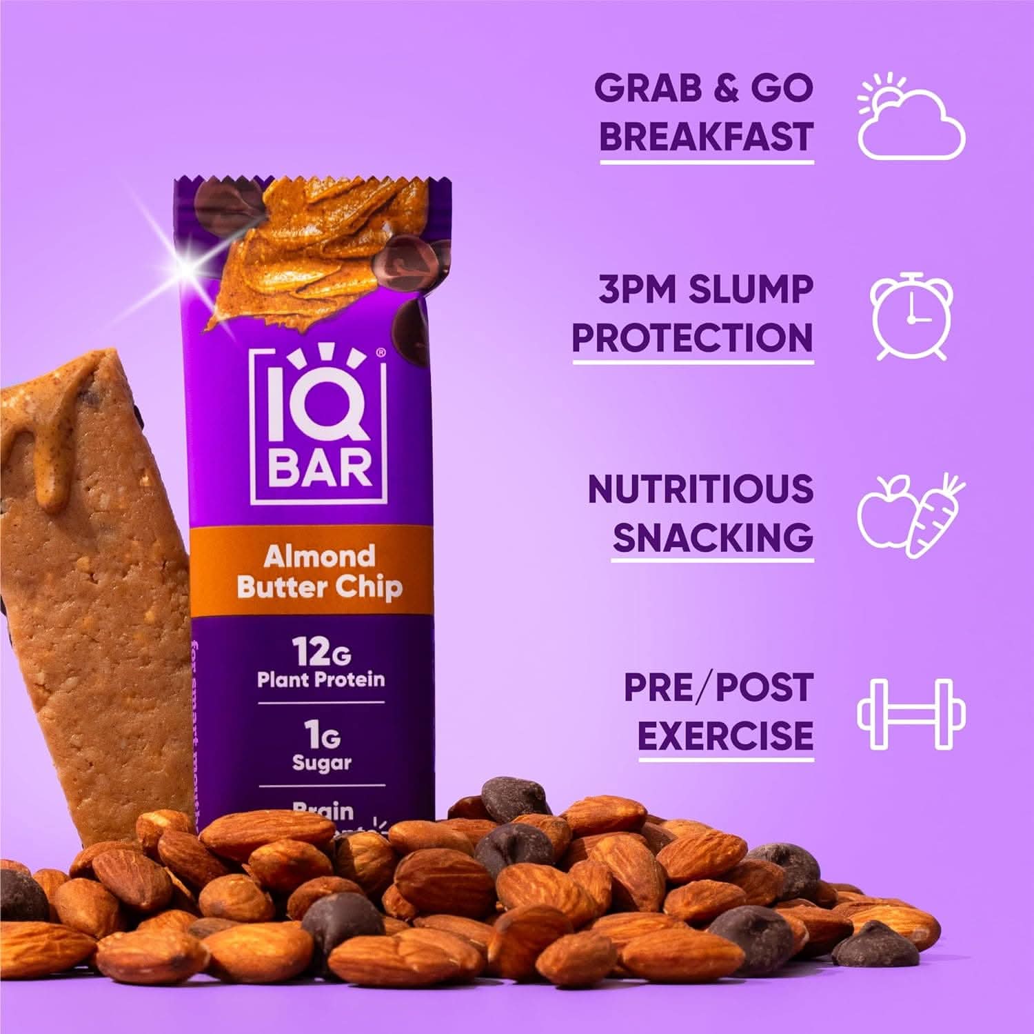 IQBAR Brain and Body Keto Protein Bars - Almond Butter Chip Keto Bars - 12-Count Energy Bars - Low Carb Protein Bars - High Fiber Vegan Bars and Low Sugar Meal Replacement Bars - Vegan Snacks