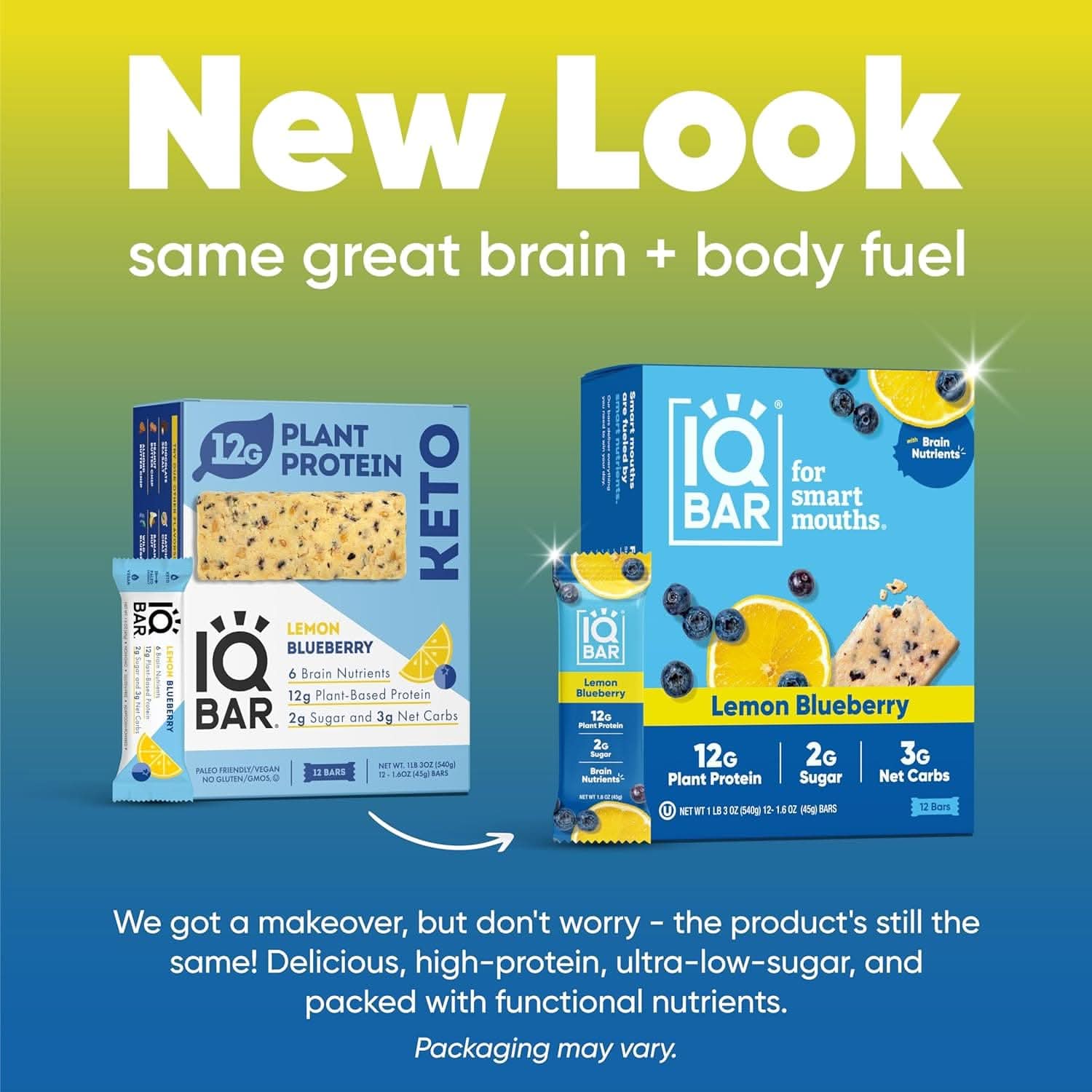 IQBAR Brain and Body Keto Protein Bars - Lemon Blueberry Keto Bars - 12-Count Energy Bars - Low Carb Protein Bars - High Fiber Vegan Bars and Low Sugar Meal Replacement Bars - Vegan Snacks