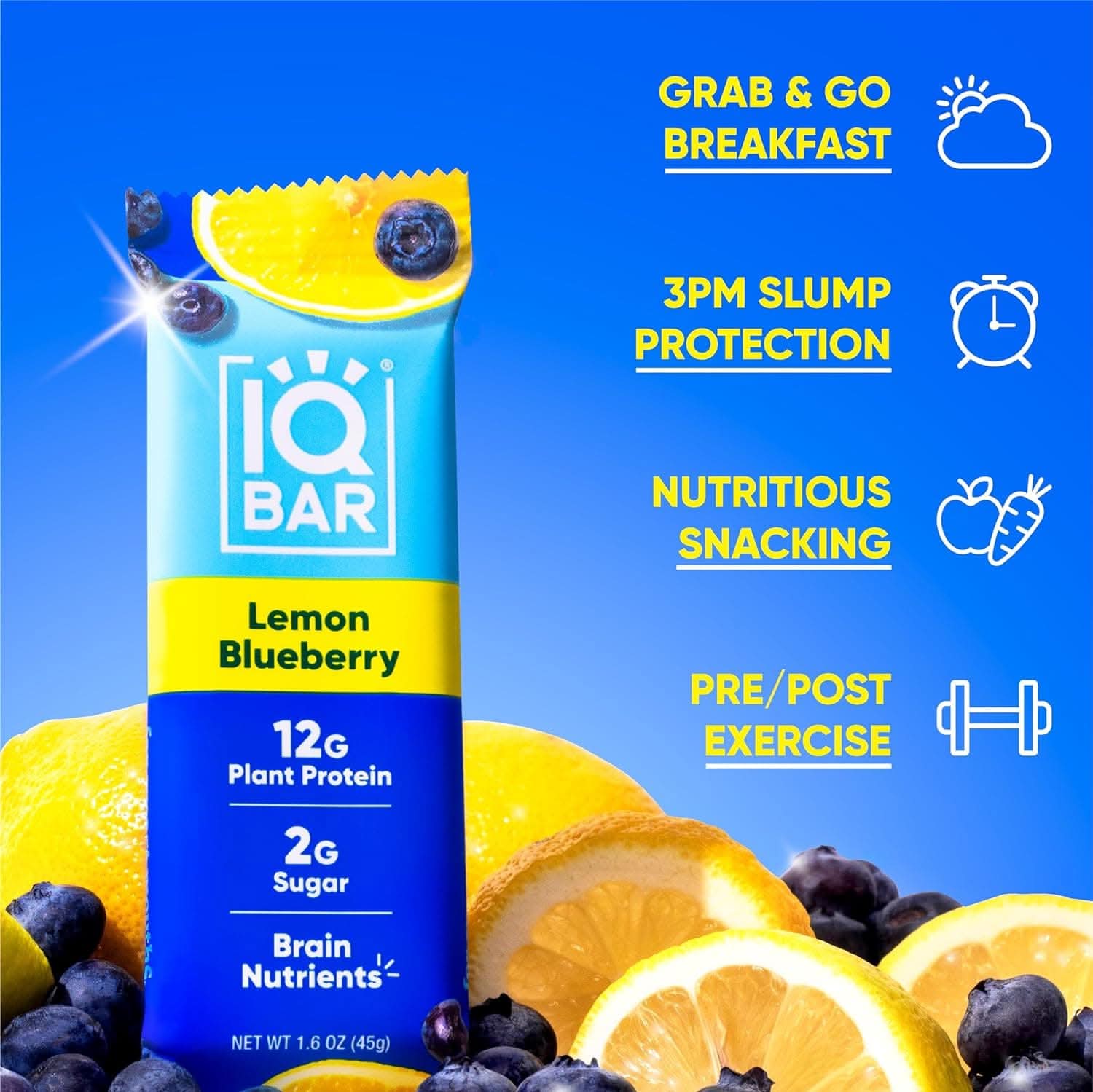 IQBAR Brain and Body Keto Protein Bars - Lemon Blueberry Keto Bars - 12-Count Energy Bars - Low Carb Protein Bars - High Fiber Vegan Bars and Low Sugar Meal Replacement Bars - Vegan Snacks