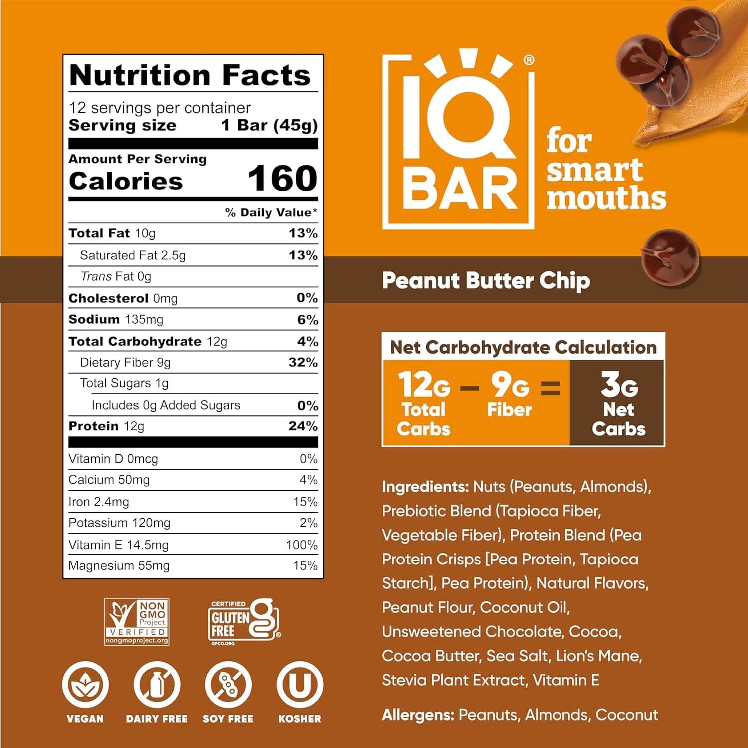 IQ BAR Brain + Body Bars, Peanut Butter Chip | Keto, Vegan | 11g Protein, <1g Sugar, 4g Net Carbs | Non-GMO, Gluten-Free, No Sugar Alcohols | 12-Count