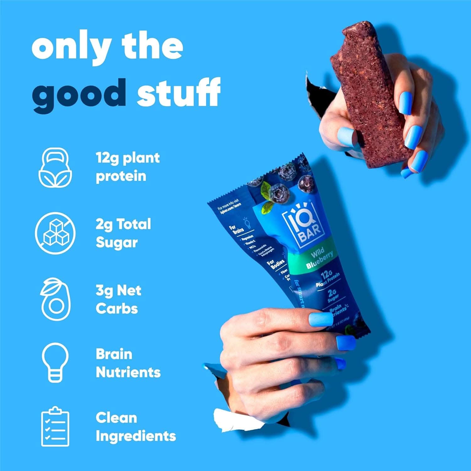 IQ BAR Brain + Body Bars, Wild Blueberry | Keto, Paleo-Friendly, Vegan | 11g Protein, 1g Sugar, 4g Net Carbs | Non-GMO, Gluten-Free, No Sugar Alcohols | 12-Count
