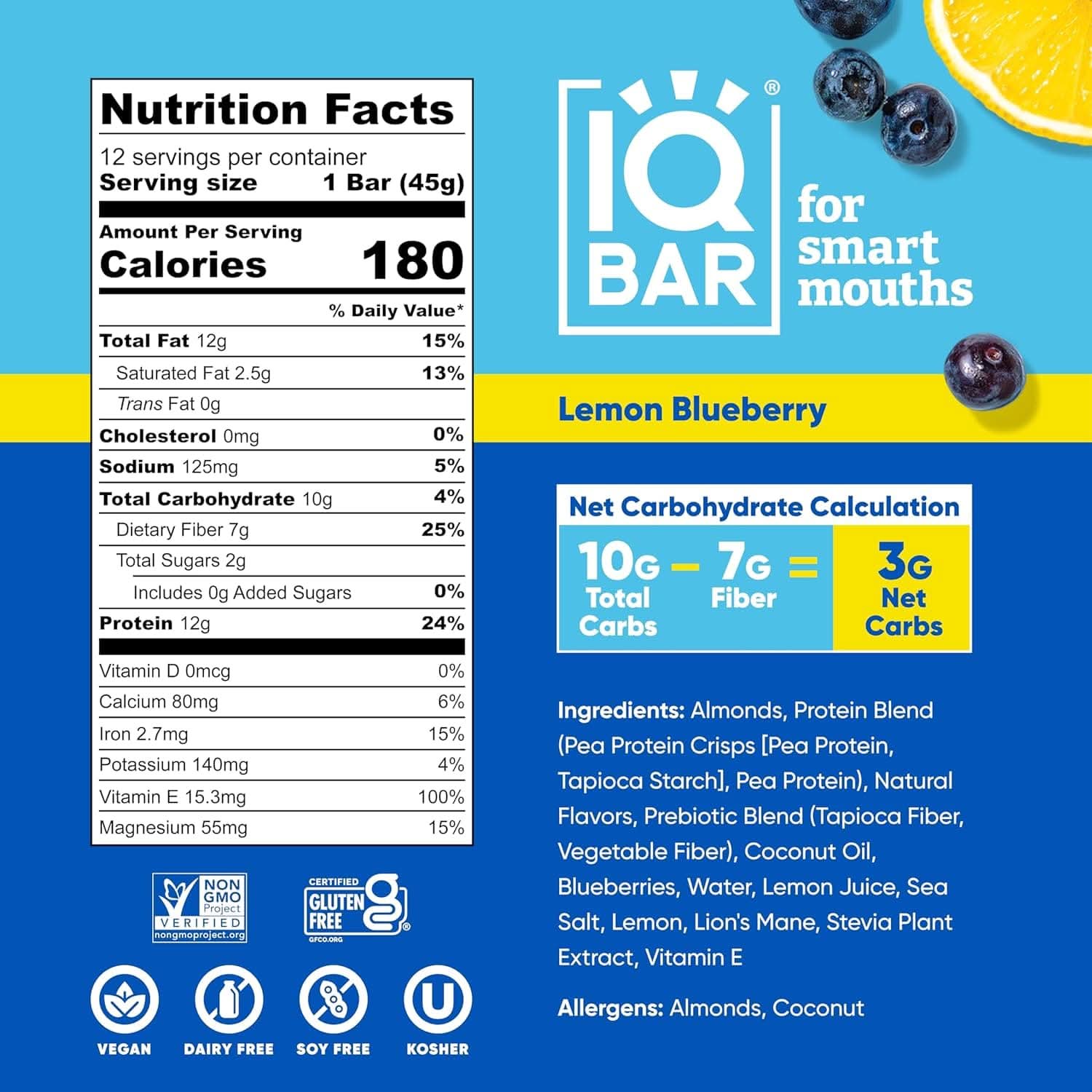 IQBAR Brain and Body Keto Protein Bars - Lemon Blueberry Keto Bars - 12-Count Energy Bars - Low Carb Protein Bars - High Fiber Vegan Bars and Low Sugar Meal Replacement Bars - Vegan Snacks