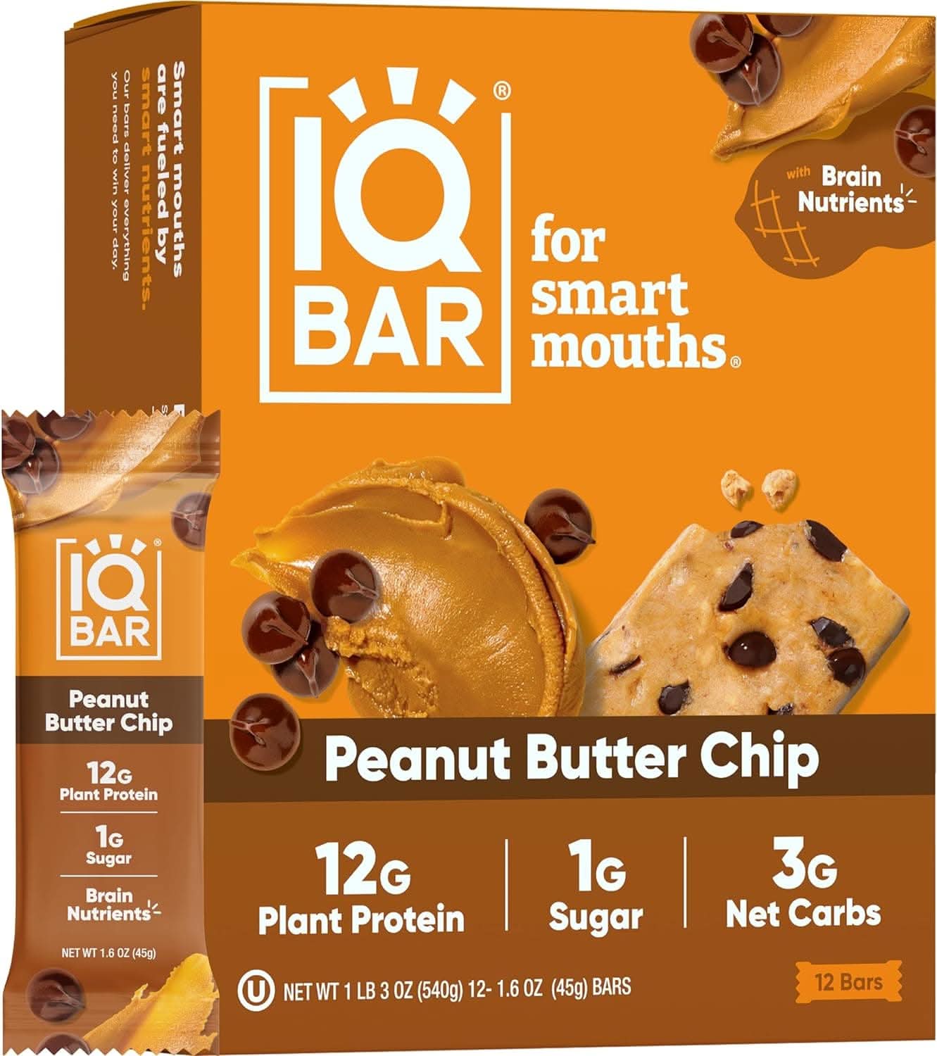 IQ BAR Brain + Body Bars, Peanut Butter Chip | Keto, Vegan | 11g Protein, <1g Sugar, 4g Net Carbs | Non-GMO, Gluten-Free, No Sugar Alcohols | 12-Count