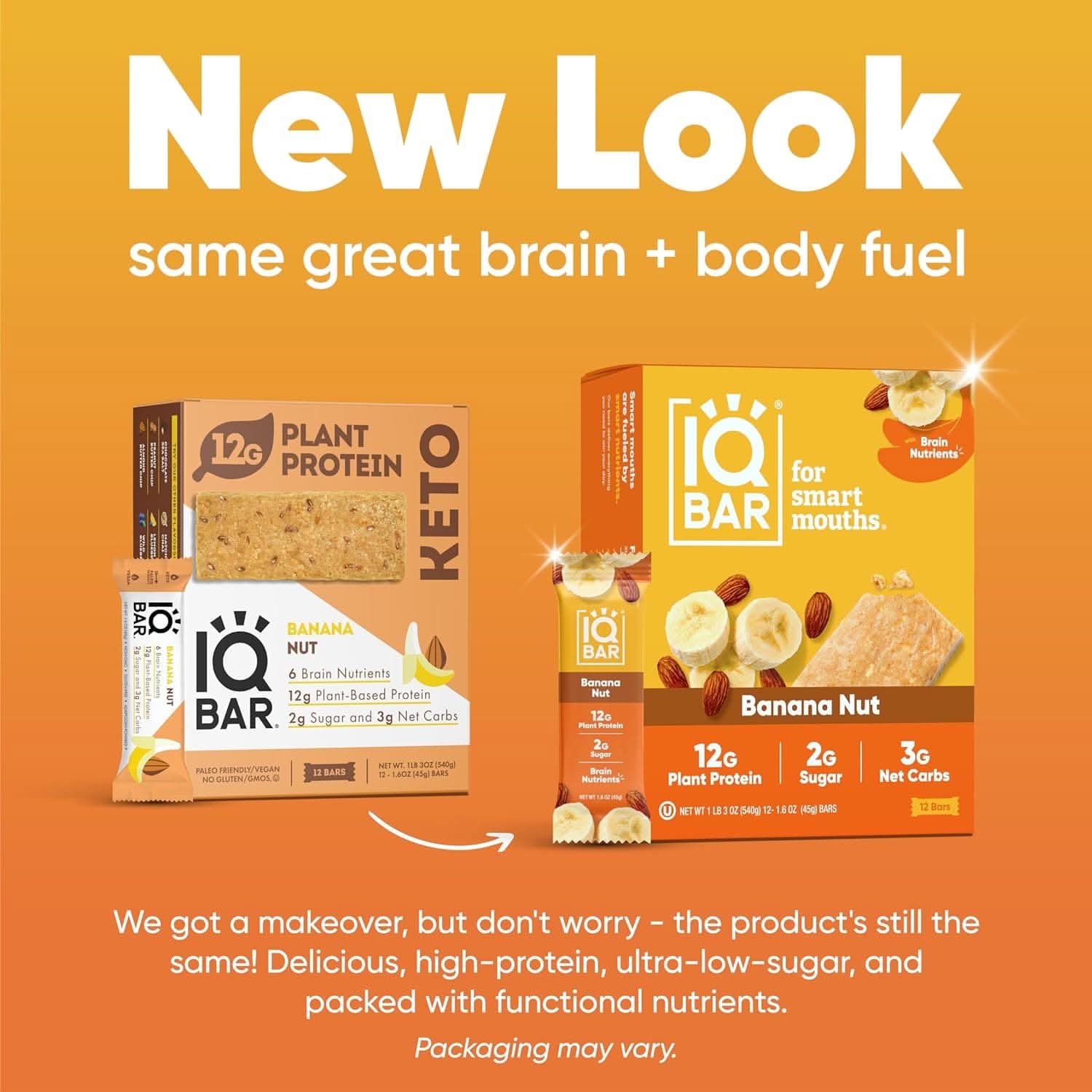 IQBAR Brain and Body Keto Protein Bars - Banana Nut Keto Bars - 12-Count Energy Bars - Low Carb Protein Bars - High Fiber Vegan Bars and Low Sugar Meal Replacement Bars - Vegan Snacks