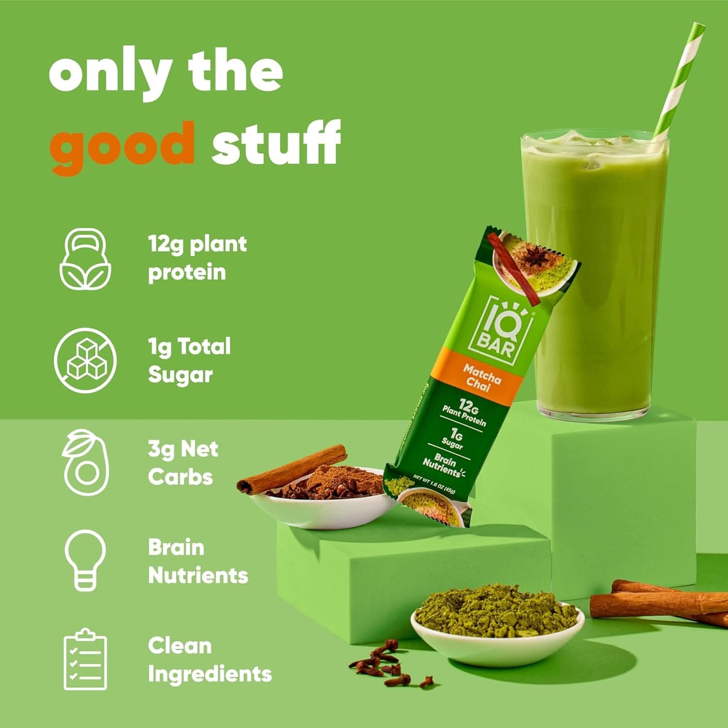 IQBAR Brain and Body Keto Protein Bars - Matcha Chai Keto Bars - 12-Count Energy Bars - Low Carb Protein Bars - High Fiber Vegan Bars and Low Sugar Meal Replacement Bars - Vegan Snack