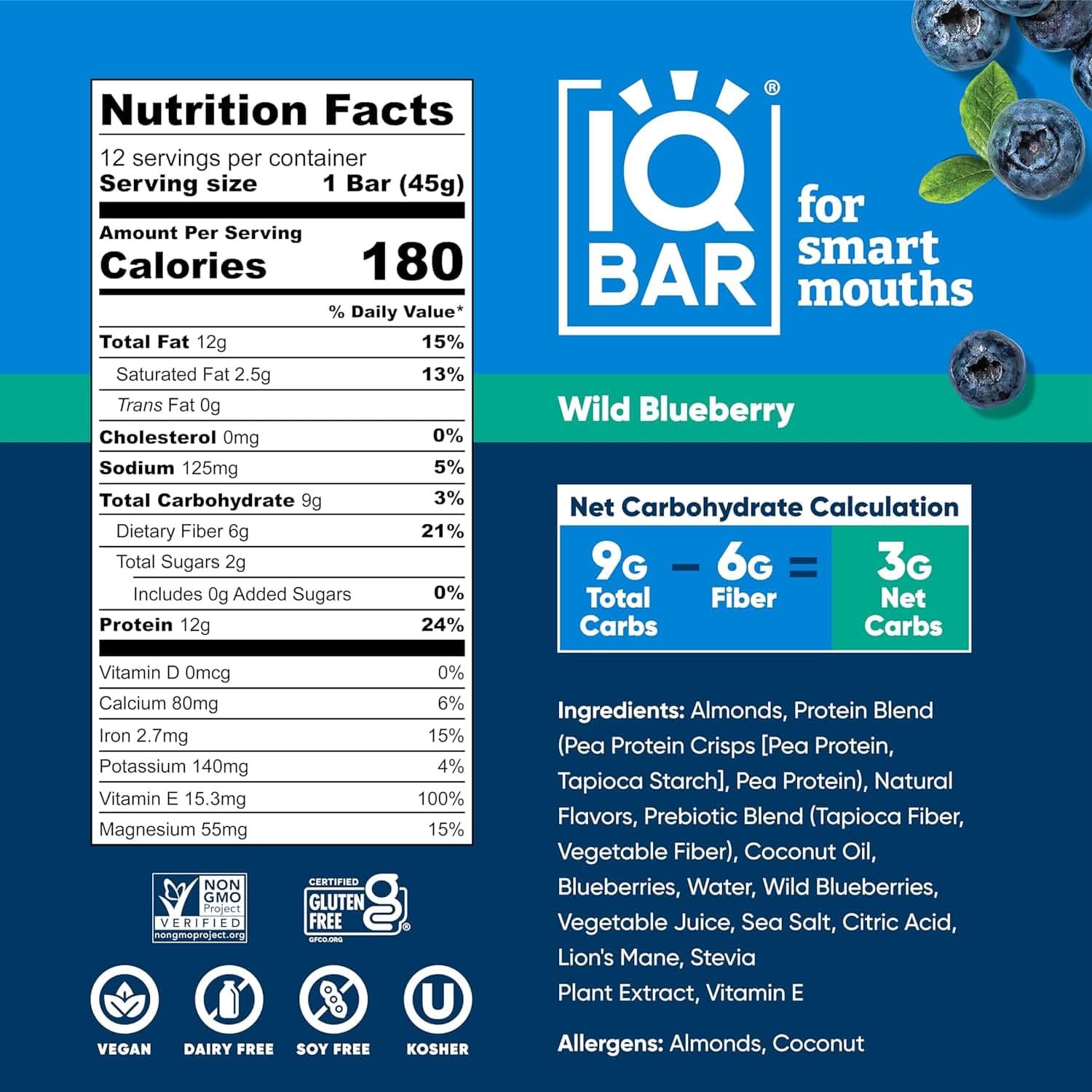 IQ BAR Brain + Body Bars, Wild Blueberry | Keto, Paleo-Friendly, Vegan | 11g Protein, 1g Sugar, 4g Net Carbs | Non-GMO, Gluten-Free, No Sugar Alcohols | 12-Count