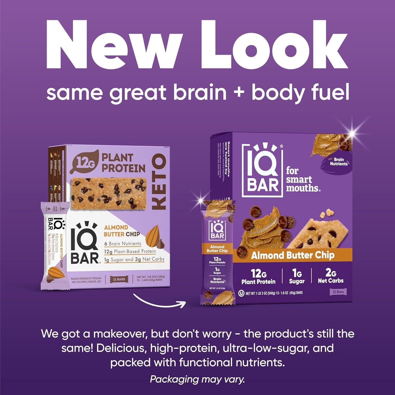 IQBAR Brain and Body Keto Protein Bars - Almond Butter Chip Keto Bars - 12-Count Energy Bars - Low Carb Protein Bars - High Fiber Vegan Bars and Low Sugar Meal Replacement Bars - Vegan Snacks