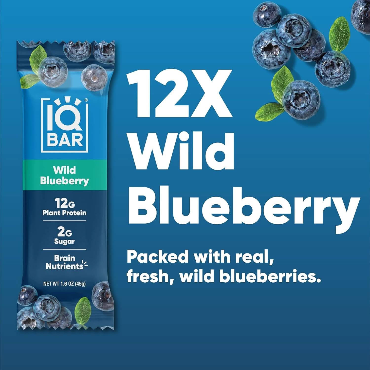 IQ BAR Brain + Body Bars, Wild Blueberry | Keto, Paleo-Friendly, Vegan | 11g Protein, 1g Sugar, 4g Net Carbs | Non-GMO, Gluten-Free, No Sugar Alcohols | 12-Count