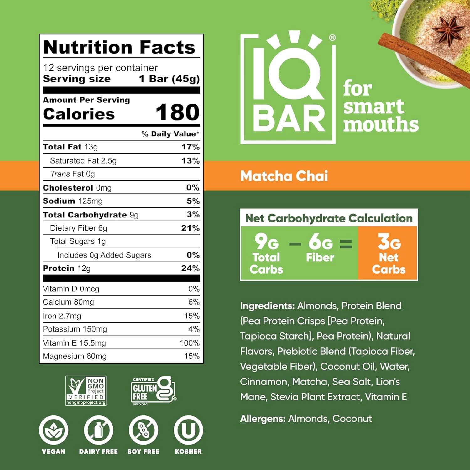 IQBAR Brain and Body Keto Protein Bars - Matcha Chai Keto Bars - 12-Count Energy Bars - Low Carb Protein Bars - High Fiber Vegan Bars and Low Sugar Meal Replacement Bars - Vegan Snack