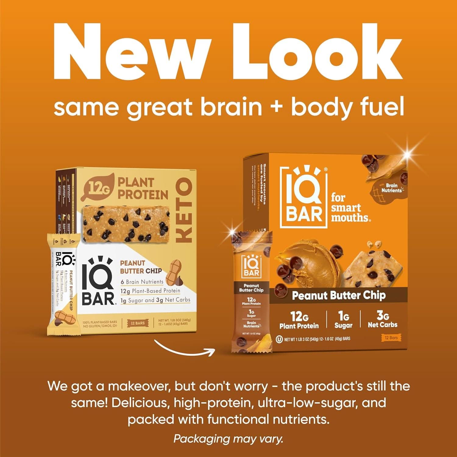 IQ BAR Brain + Body Bars, Peanut Butter Chip | Keto, Vegan | 11g Protein, <1g Sugar, 4g Net Carbs | Non-GMO, Gluten-Free, No Sugar Alcohols | 12-Count