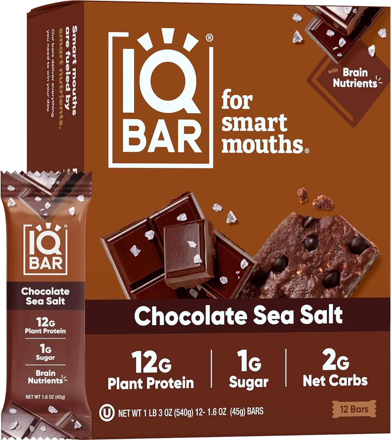 IQBAR Brain and Body Keto Protein Bars - Chocolate Sea Salt Keto Bars - 12-Count Energy Bars - Low Carb Protein Bars - High Fiber Vegan Bars and Low Sugar Meal Replacement Bars - Vegan Snacks