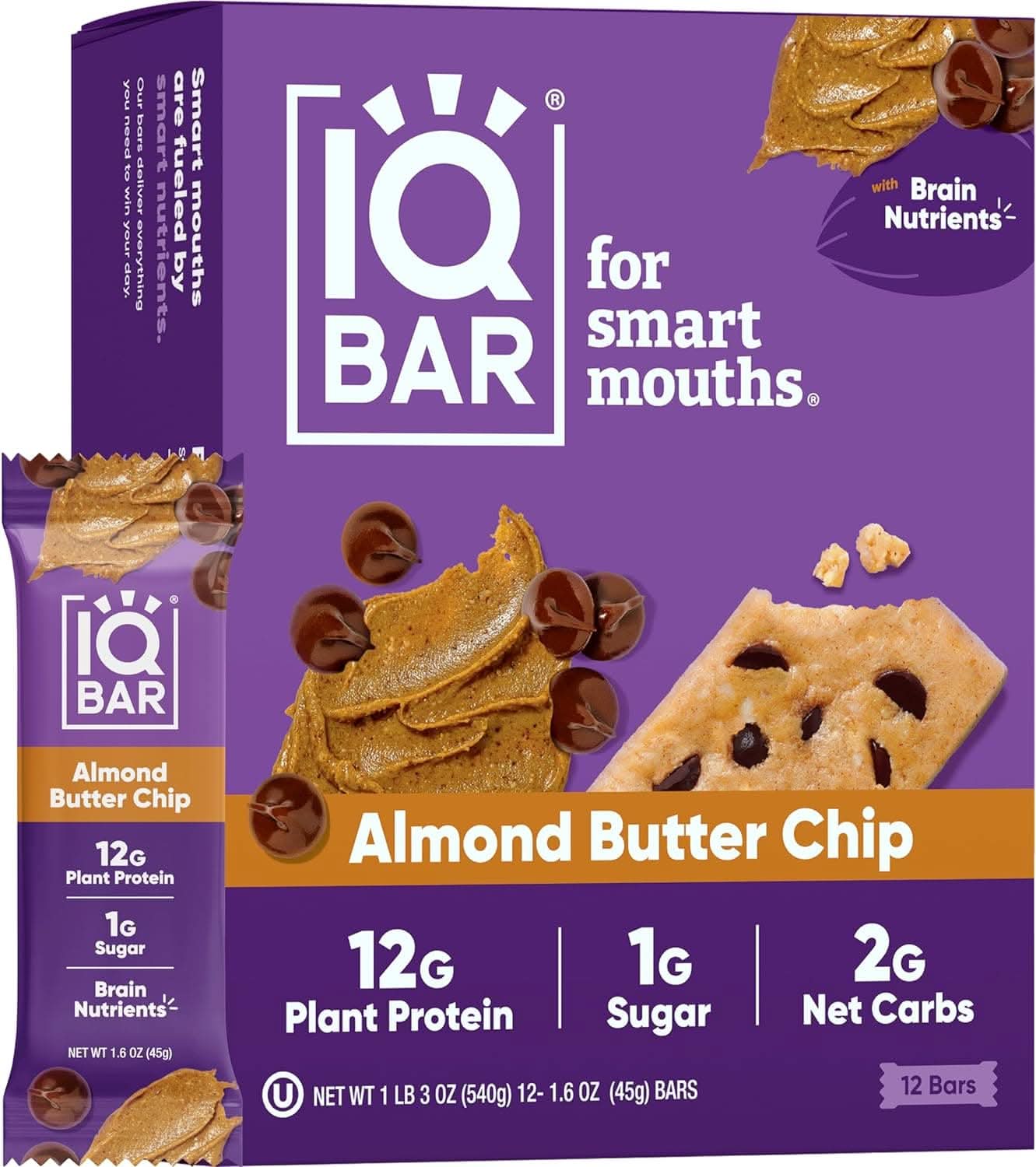IQBAR Brain and Body Keto Protein Bars - Almond Butter Chip Keto Bars - 12-Count Energy Bars - Low Carb Protein Bars - High Fiber Vegan Bars and Low Sugar Meal Replacement Bars - Vegan Snacks
