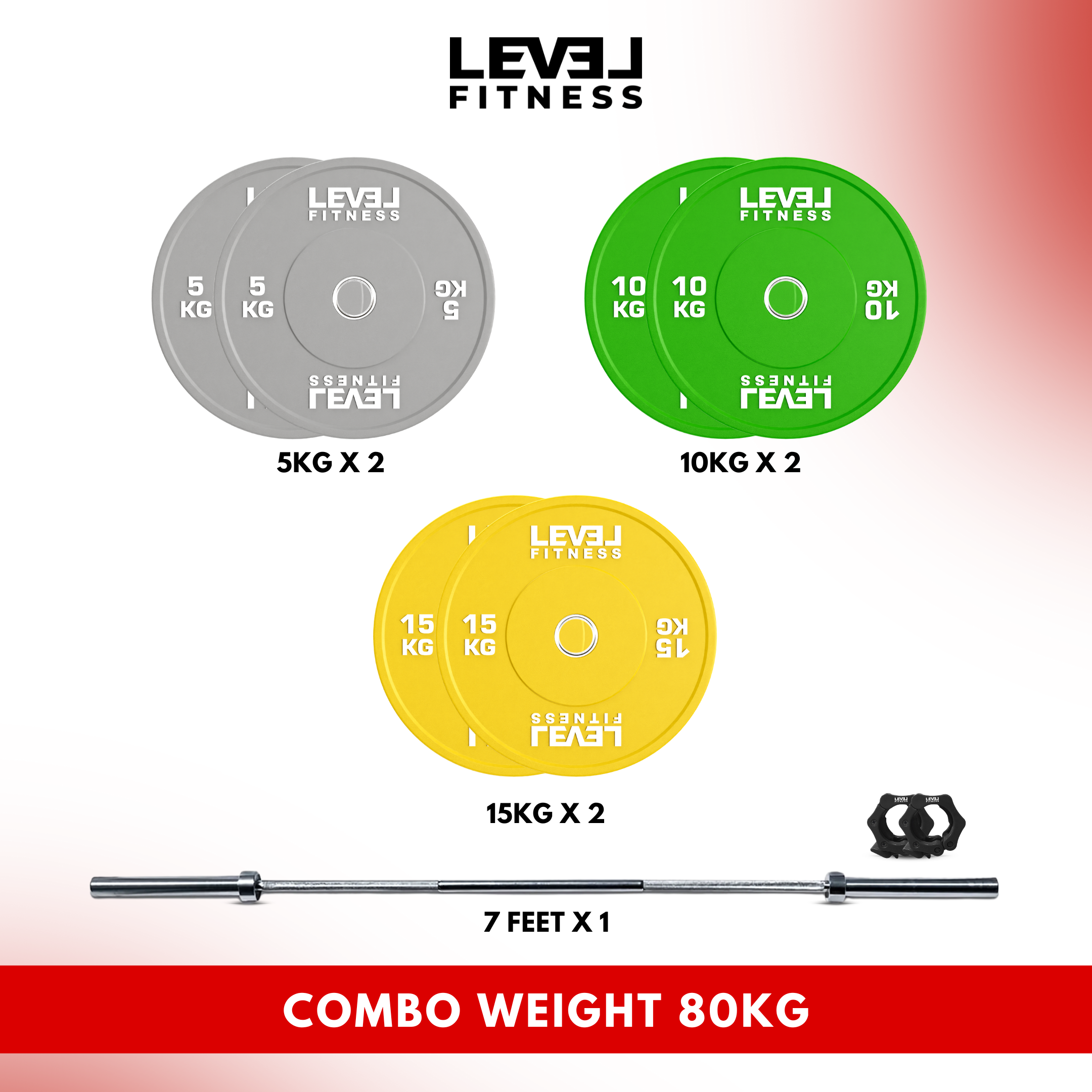 Combo | Level Fitness 7 ft Olympic Barbell with Color Olympic Plates Set | 80 kg Set