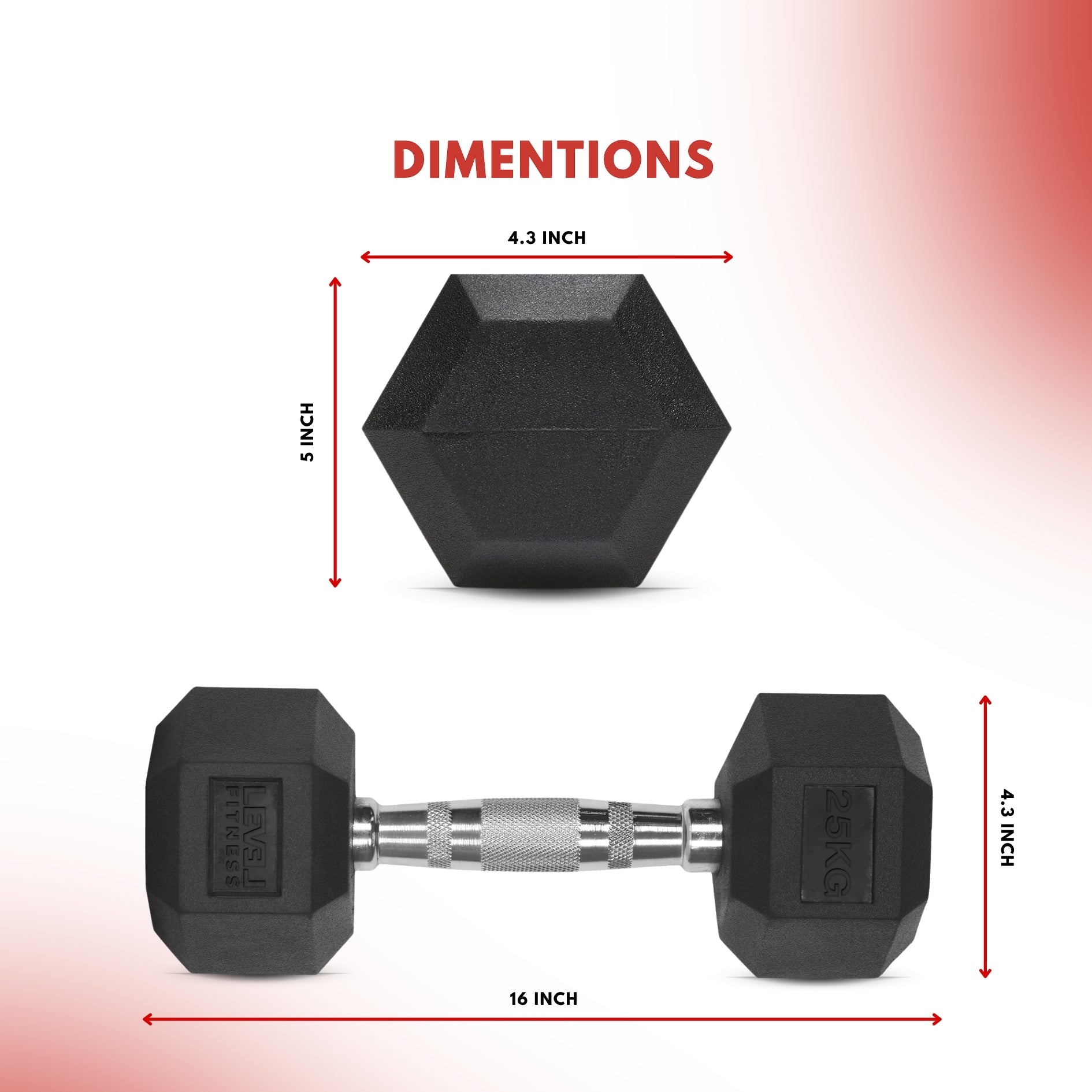 Level Fitness 1Kg -25Kg Rubber Hex Dumbbells in Kilogram | Sold In Pairs (2 pcs) | Tough & Durable | Chrome-Plated Ergonomic Handle