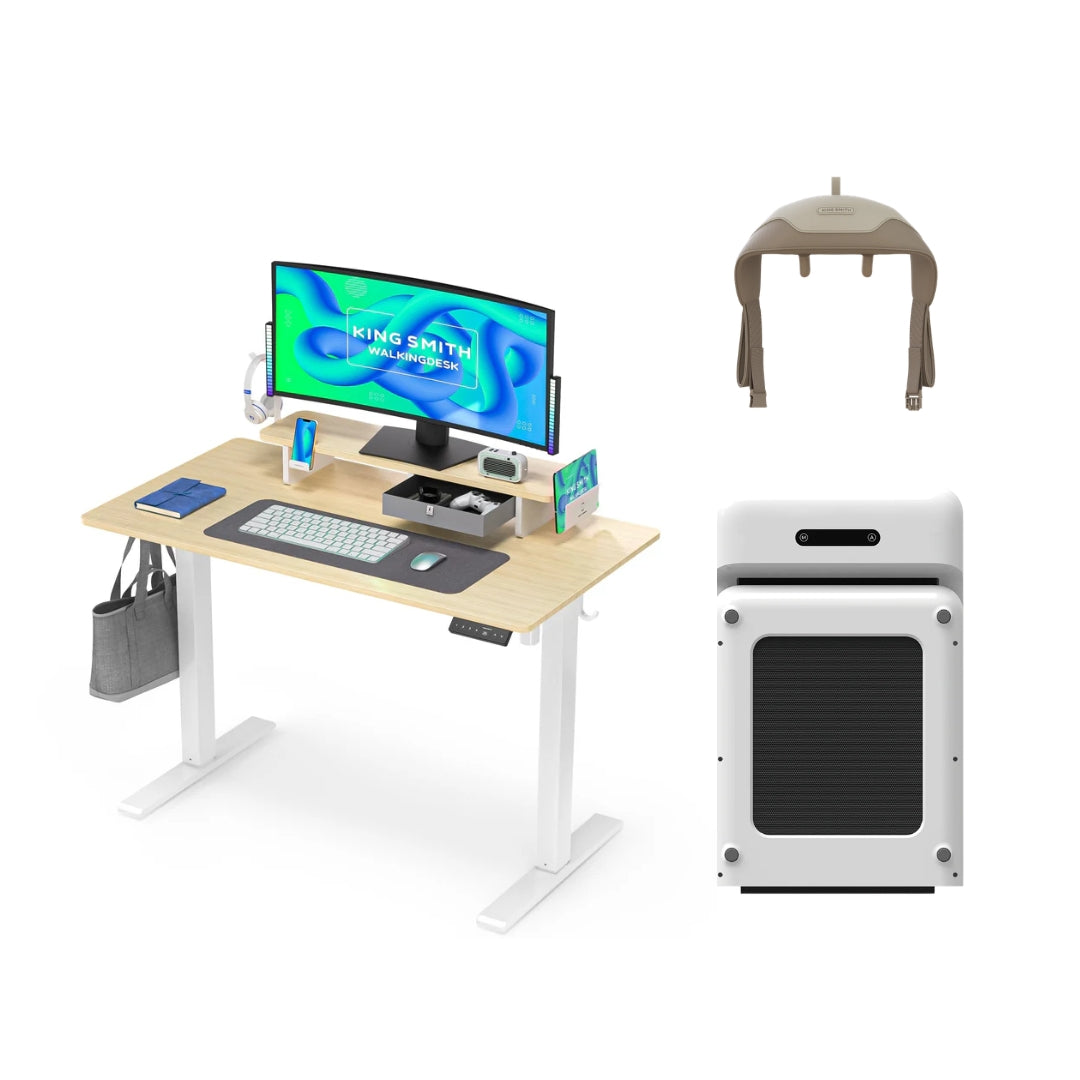 Kingsmith Walking Pad Desk Combo UAE Oak Desk with with C2 White (with Neck Massager)