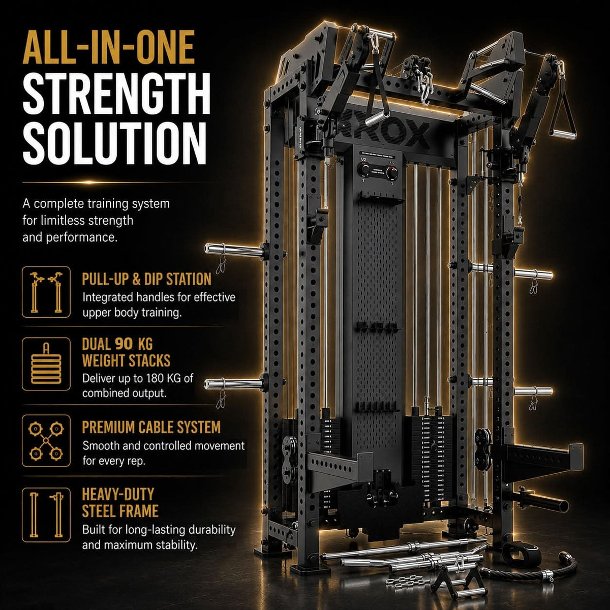 Axox Fitness R5 Pro Functional Trainer with Adjustable Bench – Dual 90KG Weight Stacks