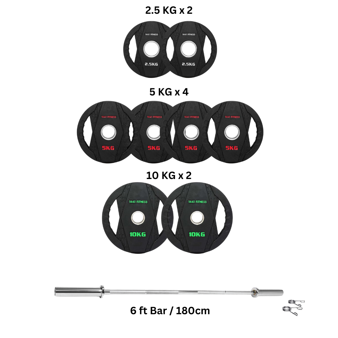 Combo | 1441 Fitness 6 Ft Olympic Barbell With Black Dual Grip Olympic Plates Set | 60 Kg Set