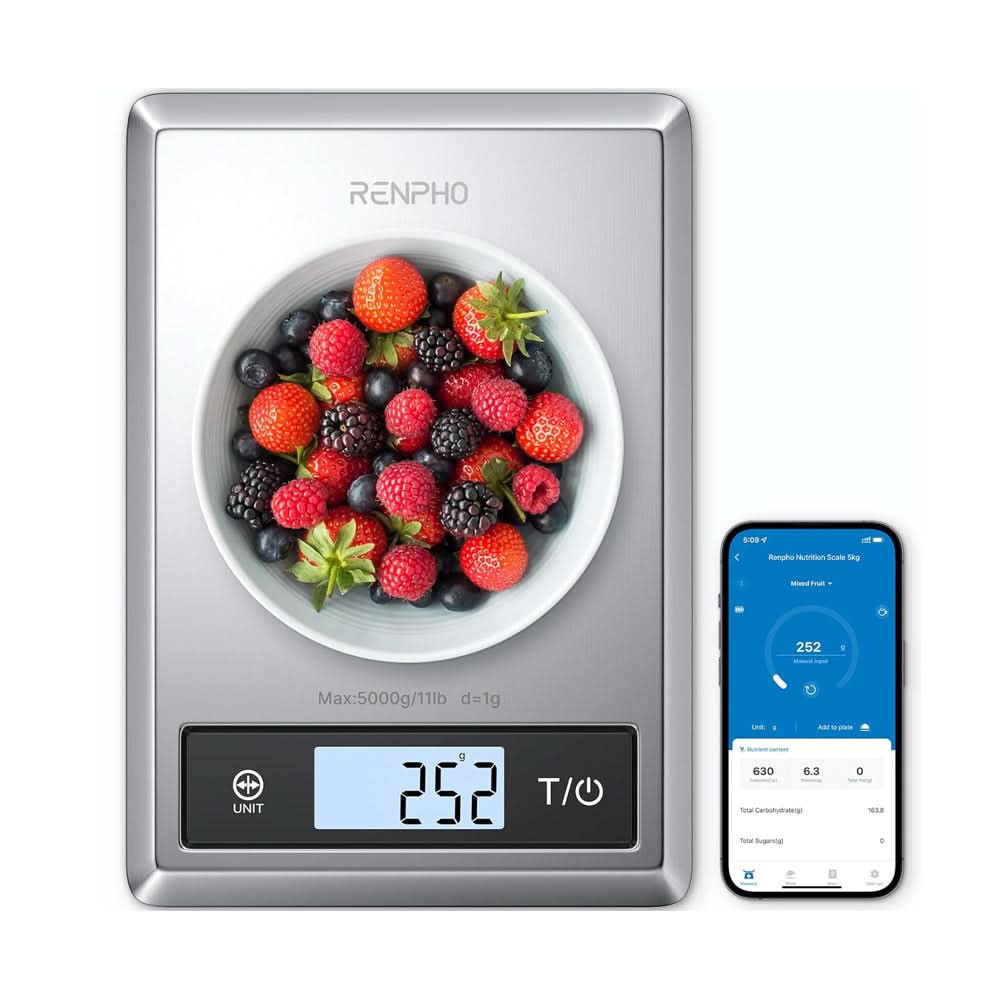 Renpho Smart Food Scale, Digital Kitchen Scale for Food Ounces and Grams, Coffee Weight Scale with Nutritional Calculator APP for Keto, Macro, Calorie, Weight Loss, Precise Graduation, Stainless Steel