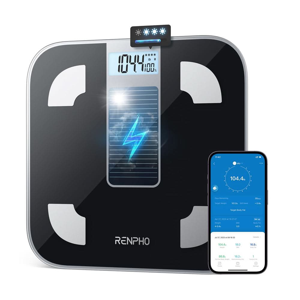 RENPHO Scale for Body Weight, Battery-Free Solar Power Digital Bathroom Smart Scale Bluetooth Body Fat Scale, Body Composition Monitor with App 400lbs