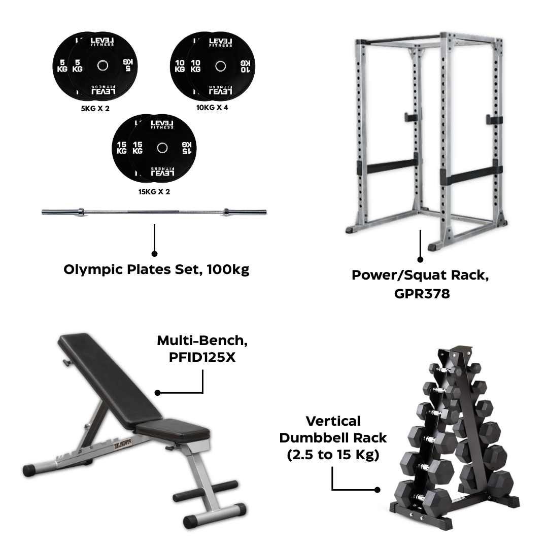 Athletix Strength Core Combo – Power Rack, Bench, Olympic Barbell & Bumper Plate Bundle