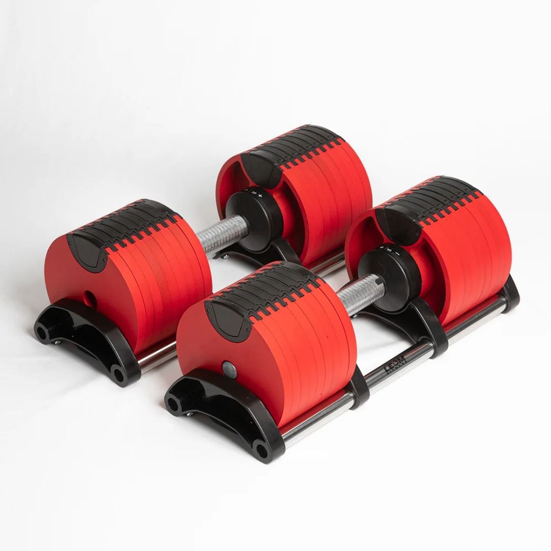 Leom Fitness Adjustable Dumbbells, 2kg to 32kg, Pair (Red)