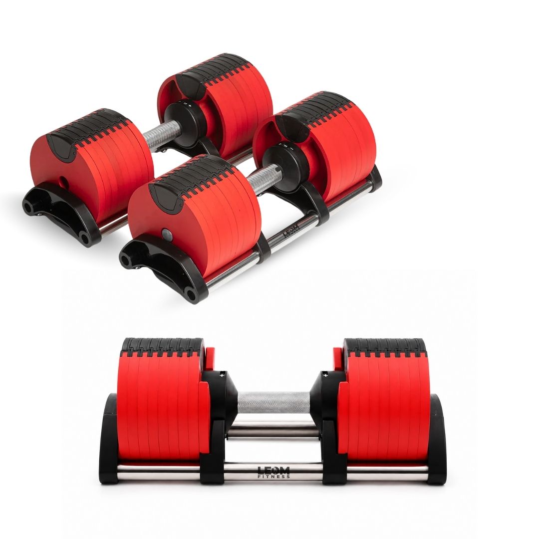 Leom Fitness Adjustable Dumbbells, 2kg to 32kg, Pair (Red)